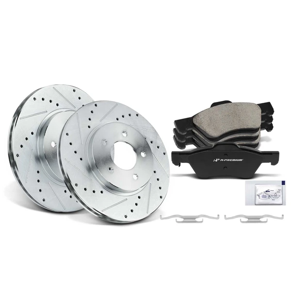 Drilled & Slotted Disc Brake Rotors and Ceramic Pads Kit, 6 Pcs, Front Driver & Passenger, A-Premium, APBRPS112
