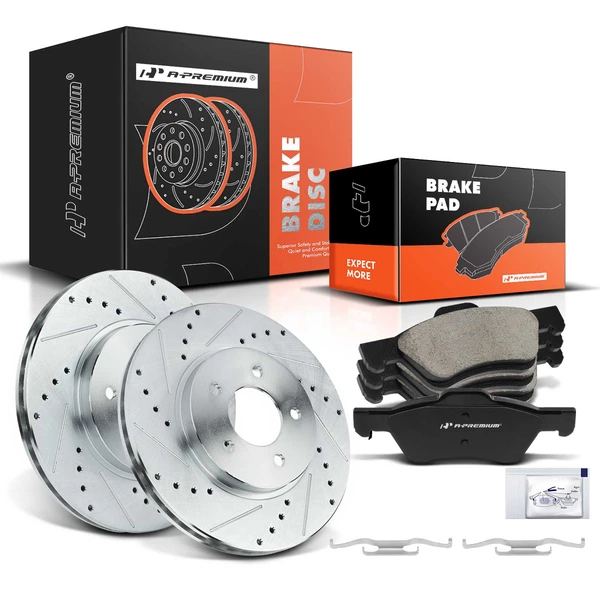 2005-2010 Mercury Mariner Drilled & Slotted Disc Brake Rotors and Ceramic Pads Kit, 6 Pcs, Front Driver & Passenger, A-Premium, APBRPS112
