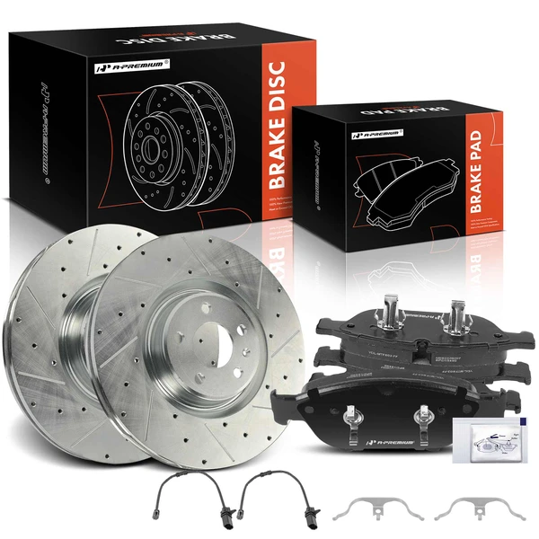 2012-2018 Audi A7 Quattro Drilled & Slotted Disc Brake Rotors and Ceramic Pads Kit, 6 Pcs, Front Driver & Passenger, A-Premium, APBRPS1270