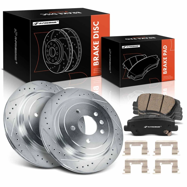 2013-2019 Cadillac ATS Drilled & Slotted Disc Brake Rotors and Ceramic Pads Kit, 6 Pcs, Rear Driver & Passenger, A-Premium, APBRPS1273