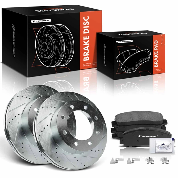 2005-2012 Ford F-350 Super Duty Drilled & Slotted Disc Brake Rotors and Ceramic Pads Kit, 6 Pcs, Front Driver & Passenger, A-Premium, APBRPS390
