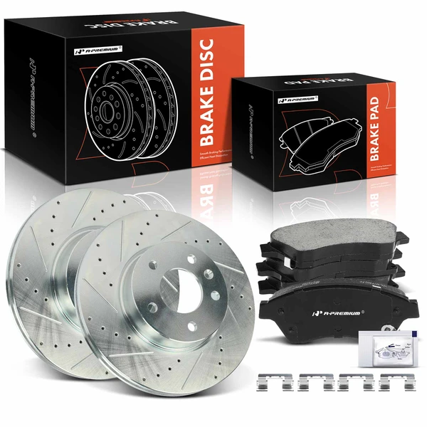 2013-2016 Cadillac ATS Drilled & Slotted Disc Brake Rotors and Ceramic Pads Kit, 6 Pcs, Front Driver & Passenger, A-Premium, APBRPS1275