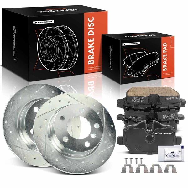 2013-2016 Mini Cooper Paceman Drilled & Slotted Disc Brake Rotors and Ceramic Pads Kit, 6 Pcs, Rear Driver & Passenger, A-Premium, APBRPS1278
