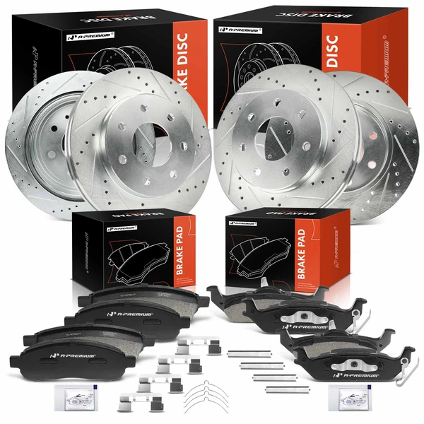 2006-2008 Lincoln Mark LT Drilled & Slotted Disc Brake Rotors and Ceramic Pads Kit, 12 Pcs, Front & Rear, A-Premium, APBRPS1282