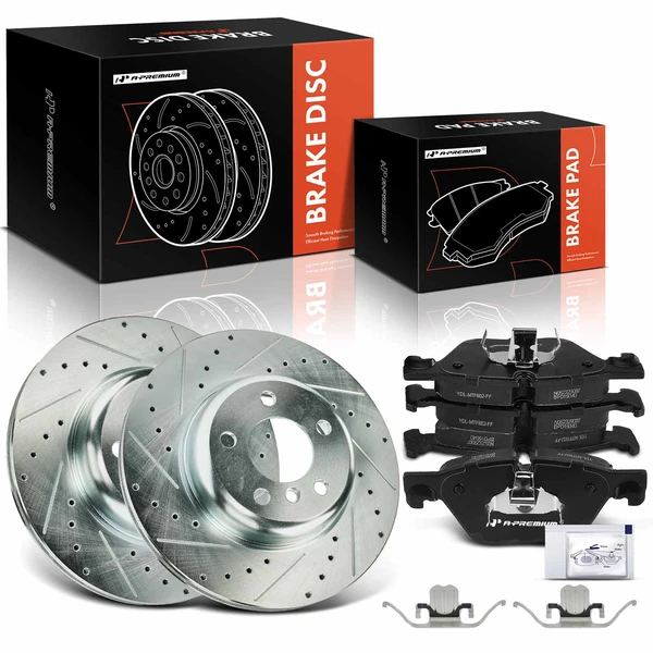 2012-2016 BMW 528i xDrive Drilled & Slotted Disc Brake Rotors and Ceramic Pads Kit, 6 Pcs, Front Driver & Passenger, A-Premium, APBRPS1266