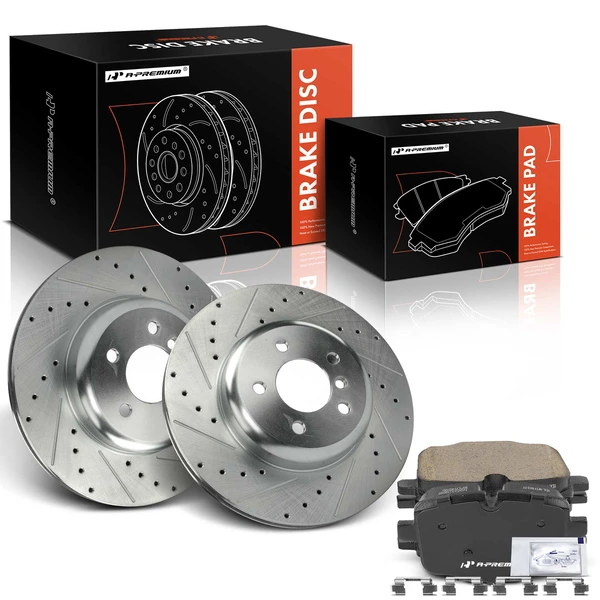 2014-2018 BMW 640i xDrive Gran Coupe Drilled & Slotted Disc Brake Rotors and Ceramic Pads Kit, 6 Pcs, Rear Driver & Passenger, A-Premium, APBRPS1269