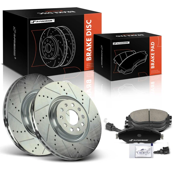 2020 Audi Q3 Drilled & Slotted Disc Brake Rotors and Ceramic Pads Kit, 6 Pcs, Front Driver & Passenger, A-Premium, APBRPS1288