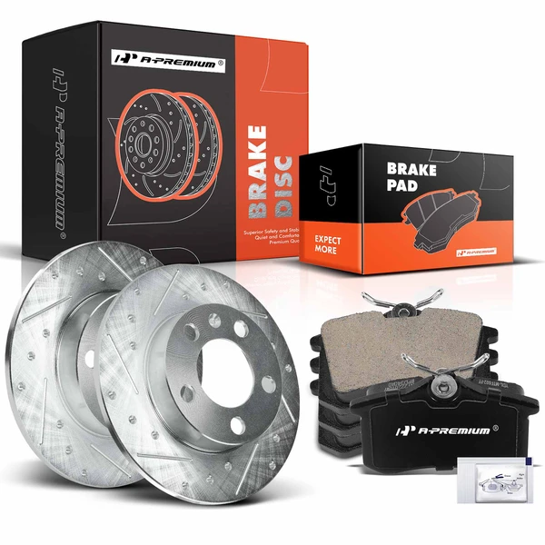 Drilled & Slotted Disc Brake Rotors and Ceramic Pads Kit, 6 Pcs, Rear Driver & Passenger, A-Premium, APBRPS975
