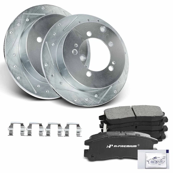 2001-2005 Dodge Stratus Drilled & Slotted Disc Brake Rotors and Ceramic Pads Kit, 6 Pcs, Rear Driver & Passenger, A-Premium, APBRPS616