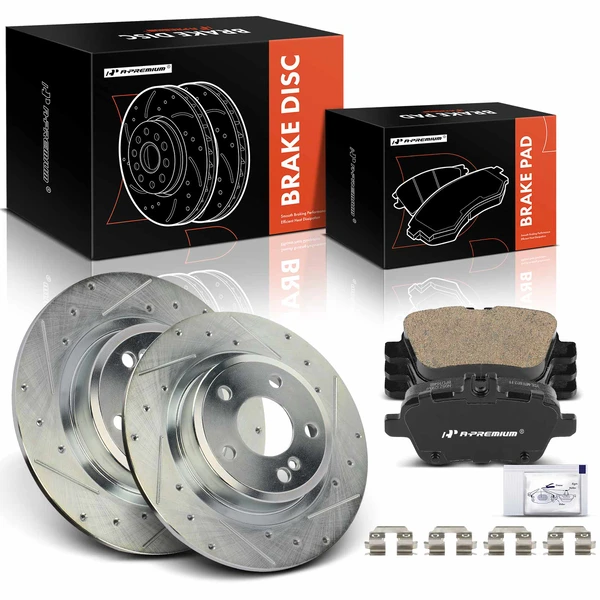 2017-2019 INFINITI QX30 Drilled & Slotted Disc Brake Rotors and Ceramic Pads Kit, 6 Pcs, Rear Driver & Passenger, A-Premium, APBRPS1290