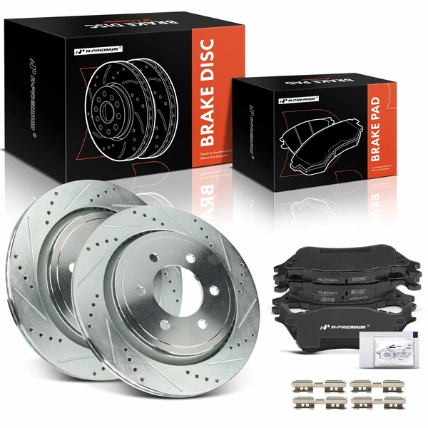 2015-2017 Ford F-150 Drilled & Slotted Disc Brake Rotors and Ceramic Pads Kit, 6 Pcs, Rear Driver & Passenger, A-Premium, APBRPS1291