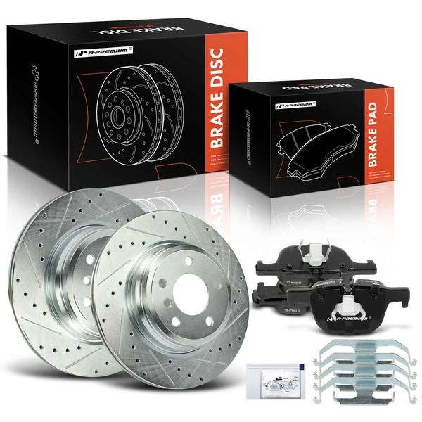 2012-2015 BMW 335i Drilled & Slotted Disc Brake Rotors and Ceramic Pads Kit, 6 Pcs, Rear Driver & Passenger, A-Premium, APBRPS1285