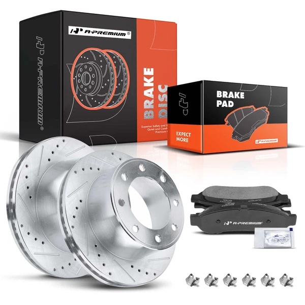 2005-2012 Ford F-250 Super Duty Drilled & Slotted Disc Brake Rotors and Ceramic Pads Kit, 6 Pcs, Rear Driver & Passenger, A-Premium, APBRPS116
