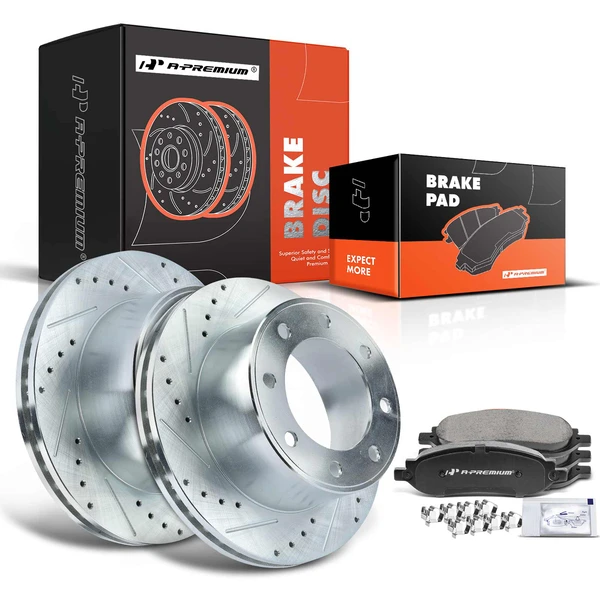 2005-2007 Ford F-250 Super Duty Drilled & Slotted Disc Brake Rotors and Ceramic Pads Kit, 6 Pcs, Rear Driver & Passenger, A-Premium, APBRPS117
