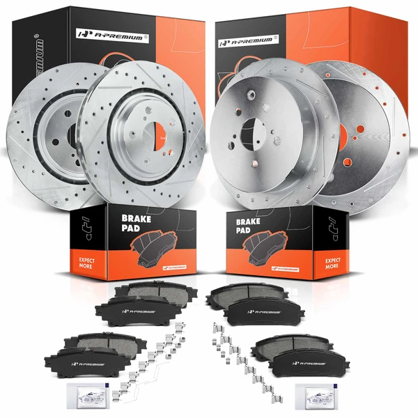 2010-2015 Lexus RX350 Drilled & Slotted Disc Brake Rotors and Ceramic Pads Kit, 12 Pcs, Front & Rear, A-Premium, APBRPS118