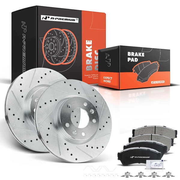 2006-2011 Mercury Milan Drilled & Slotted Disc Brake Rotors and Ceramic Pads Kit, 6 Pcs, Front Driver & Passenger, A-Premium, APBRPS277
