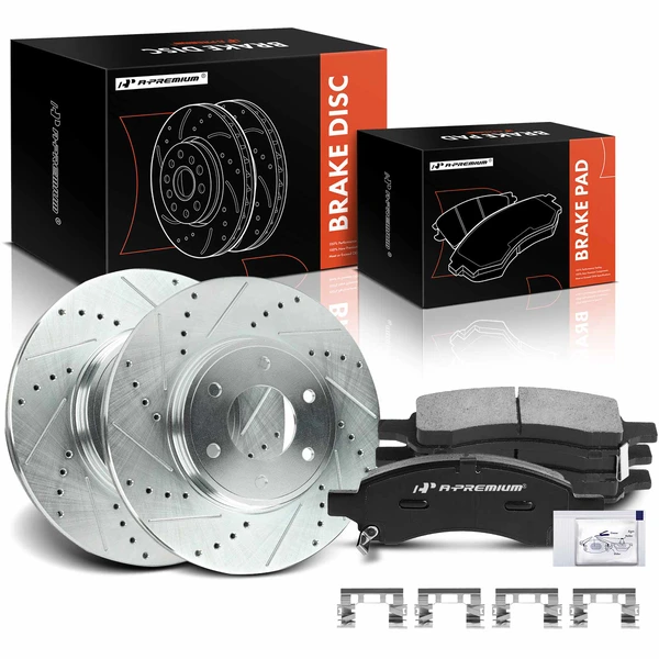 2008-2009 Saab 9-7x Drilled & Slotted Disc Brake Rotors and Ceramic Pads Kit, 6 Pcs, Front Driver & Passenger, A-Premium, APBRPS1449