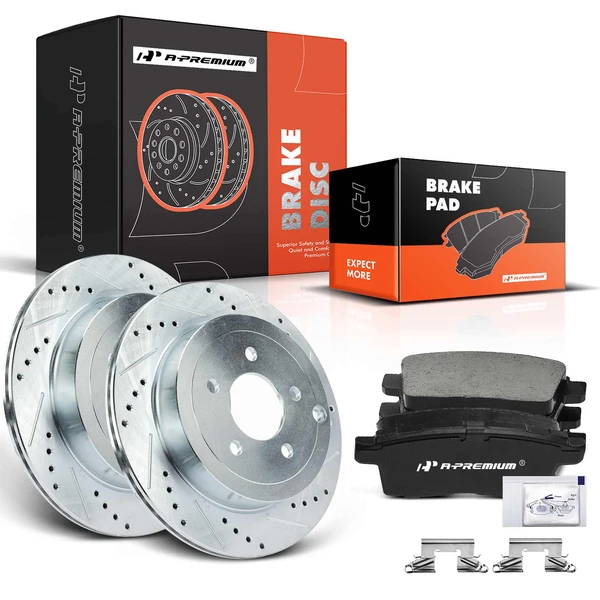 2007-2010 Lincoln MKX Drilled & Slotted Disc Brake Rotors and Ceramic Pads Kit, 6 Pcs, Rear Driver & Passenger, A-Premium, APBRPS278