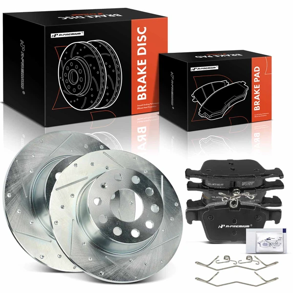 2022-2023 Volkswagen Taos Drilled & Slotted Disc Brake Rotors and Ceramic Pads Kit, 6 Pcs, Rear Driver & Passenger, A-Premium, APBRPS1298