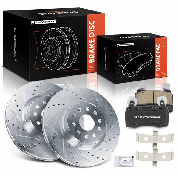 2016-2020 Cadillac CT6 Drilled & Slotted Disc Brake Rotors and Ceramic Pads Kit, 6 Pcs, Front Driver & Passenger, A-Premium, APBRPS1292