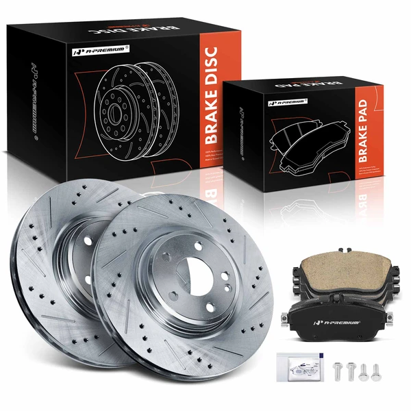 2017-2019 INFINITI QX30 Drilled & Slotted Disc Brake Rotors and Ceramic Pads Kit, 6 Pcs, Front Driver & Passenger, A-Premium, APBRPS1293