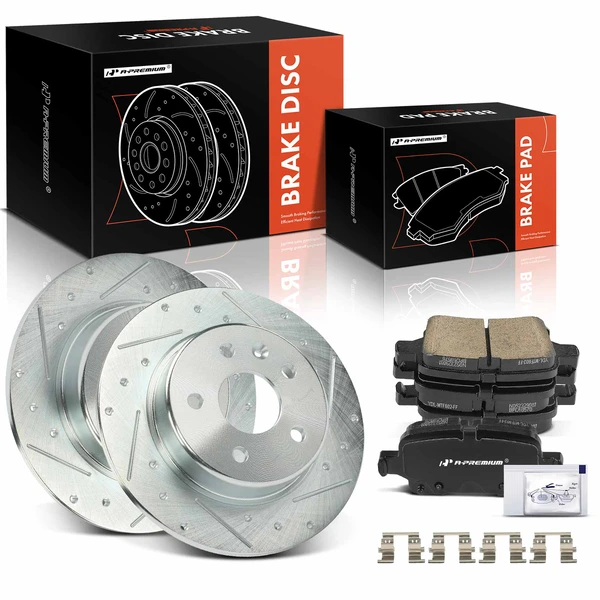 2022 Chevrolet Bolt EUV Drilled & Slotted Disc Brake Rotors and Ceramic Pads Kit, 6 Pcs, Rear Driver & Passenger, A-Premium, APBRPS1294