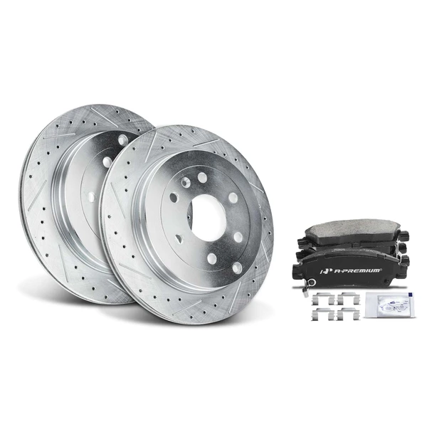 Drilled & Slotted Disc Brake Rotors and Ceramic Pads Kit, 6 Pcs, Rear Driver & Passenger, A-Premium, APBRPS232