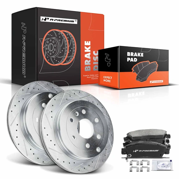2017 GMC Acadia Limited Drilled & Slotted Disc Brake Rotors and Ceramic Pads Kit, 6 Pcs, Rear Driver & Passenger, A-Premium, APBRPS232