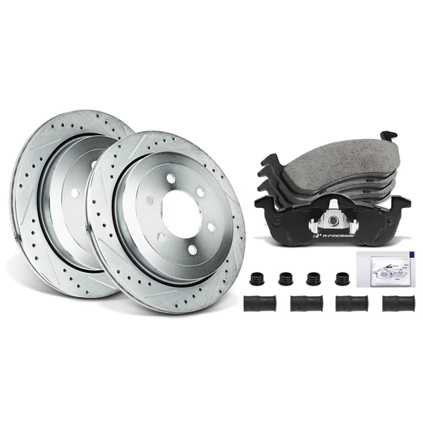 Drilled & Slotted Disc Brake Rotors and Ceramic Pads Kit, 6 Pcs, Rear Driver & Passenger, A-Premium, APBRPS233