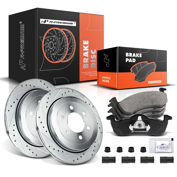 2007-2017 Lincoln Navigator Drilled & Slotted Disc Brake Rotors and Ceramic Pads Kit, 6 Pcs, Rear Driver & Passenger, A-Premium, APBRPS233