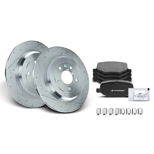 Drilled & Slotted Disc Brake Rotors and Ceramic Pads Kit, 6 Pcs, Rear Driver & Passenger, A-Premium, APBRPS235