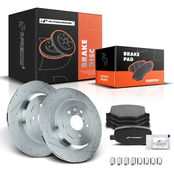 2010-2019 Lincoln MKT Drilled & Slotted Disc Brake Rotors and Ceramic Pads Kit, 6 Pcs, Rear Driver & Passenger, A-Premium, APBRPS235