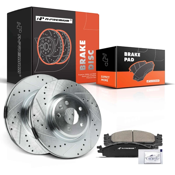 2010-2019 Lincoln MKT Drilled & Slotted Disc Brake Rotors and Ceramic Pads Kit, 6 Pcs, Front Driver & Passenger, A-Premium, APBRPS1037