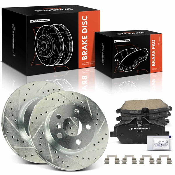 2014-2016 Mini Cooper Drilled & Slotted Disc Brake Rotors and Ceramic Pads Kit, 6 Pcs, Front Driver & Passenger, A-Premium, APBRPS1302