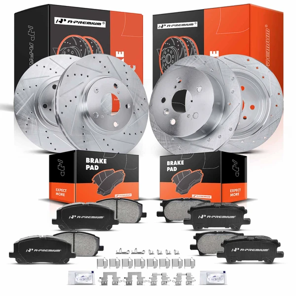2004-2007 Toyota Highlander Drilled & Slotted Disc Brake Rotors and Ceramic Pads Kit, 12 Pcs, Front & Rear, A-Premium, APBRPS121