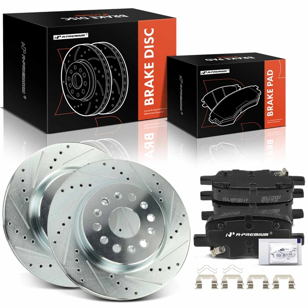 2017-2020 Cadillac XT5 Drilled & Slotted Disc Brake Rotors and Ceramic Pads Kit, 6 Pcs, Rear Driver & Passenger, A-Premium, APBRPS1303