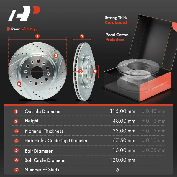 Drilled & Slotted Disc Brake Rotors and Ceramic Pads Kit, 6 Pcs, Rear Driver & Passenger, A-Premium, APBRPS1303