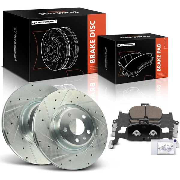 2020-2021 Audi A6 Quattro Drilled & Slotted Disc Brake Rotors and Ceramic Pads Kit, 6 Pcs, Front Driver & Passenger, A-Premium, APBRPS1300