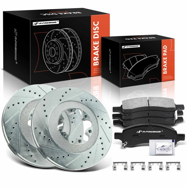 2009-2012 Chevrolet Colorado Drilled & Slotted Disc Brake Rotors and Ceramic Pads Kit, 6 Pcs, Front Driver & Passenger, A-Premium, APBRPS1451