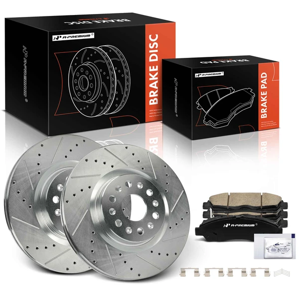 2018-2020 Buick Enclave Drilled & Slotted Disc Brake Rotors and Ceramic Pads Kit, 6 Pcs, Front Driver & Passenger, A-Premium, APBRPS1304