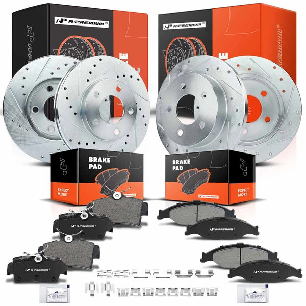 1999-2004 Ford Mustang Drilled & Slotted Disc Brake Rotors and Ceramic Pads Kit, 12 Pcs, Front & Rear, A-Premium, APBRPS236