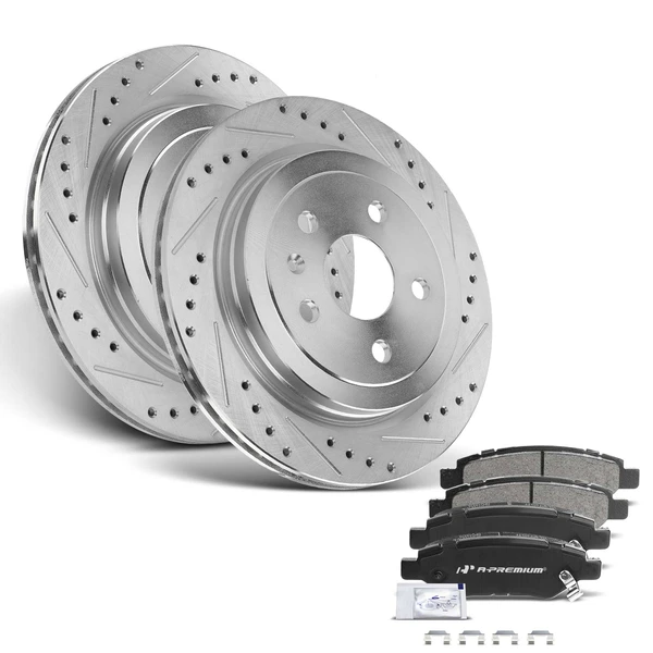 Drilled & Slotted Disc Brake Rotors and Ceramic Pads Kit, 6 Pcs, Rear Driver & Passenger, A-Premium, APBRPS020