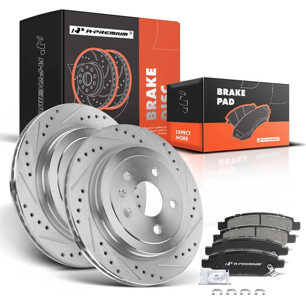 2010-2015 Chevrolet Camaro Drilled & Slotted Disc Brake Rotors and Ceramic Pads Kit, 6 Pcs, Rear Driver & Passenger, A-Premium, APBRPS020