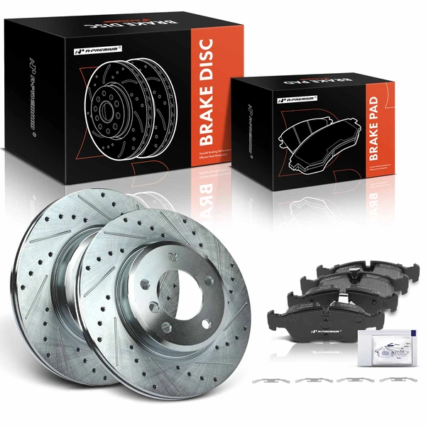 2001-2002 BMW Z3 Drilled & Slotted Disc Brake Rotors and Ceramic Pads Kit, 6 Pcs, Front Driver & Passenger, A-Premium, APBRPS403