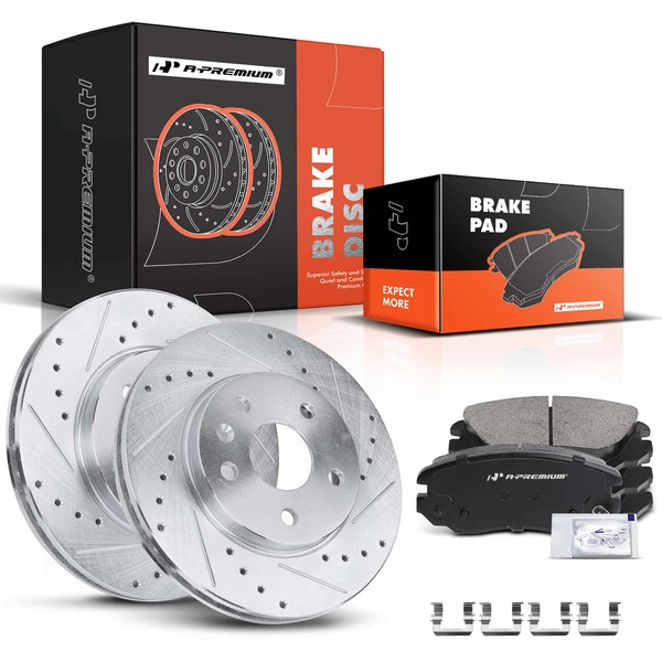 2016 Chevrolet Malibu Limited Drilled & Slotted Disc Brake Rotors and Ceramic Pads Kit, 6 Pcs, Front Driver & Passenger, A-Premium, APBRPS023