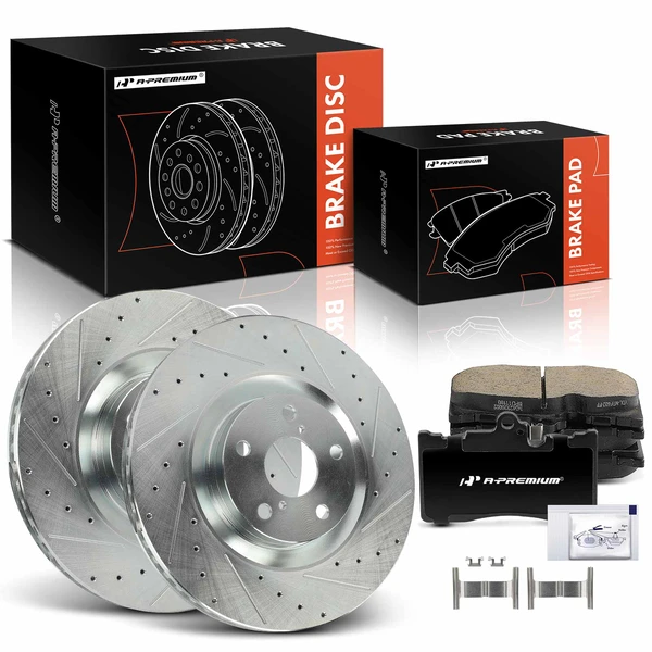 2016-2020 Lexus IS300 Drilled & Slotted Disc Brake Rotors and Ceramic Pads Kit, 6 Pcs, Front Driver & Passenger, A-Premium, APBRPS1309