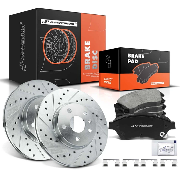2011-2015 Chevrolet Cruze Drilled & Slotted Disc Brake Rotors and Ceramic Pads Kit, 6 Pcs, Front Driver & Passenger, A-Premium, APBRPS024