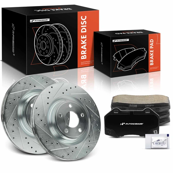 Drilled & Slotted Disc Brake Rotors and Ceramic Pads Kit, 6 Pcs, Front Driver & Passenger, A-Premium, APBRPS1388