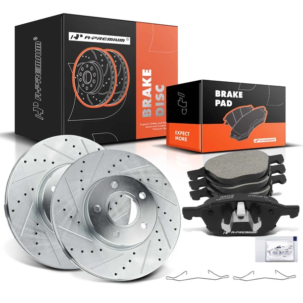 2004-2011 Volvo S40 Drilled & Slotted Disc Brake Rotors and Ceramic Pads Kit, 6 Pcs, Front Driver & Passenger, A-Premium, APBRPS022