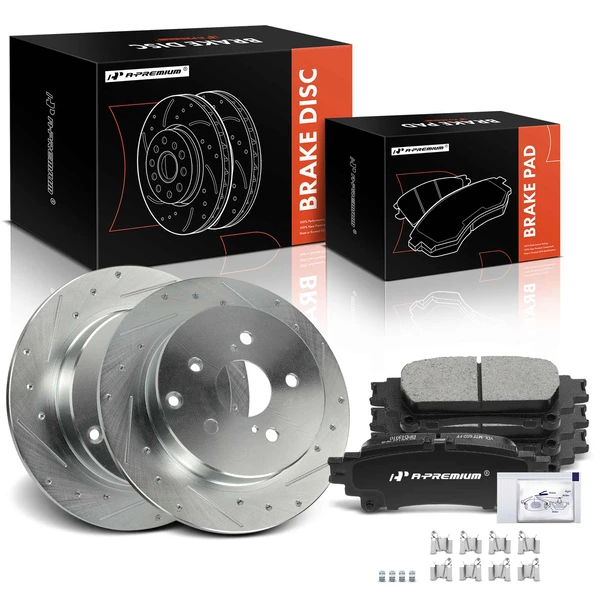 2012-2017 Toyota Prius V Drilled & Slotted Disc Brake Rotors and Ceramic Pads Kit, 6 Pcs, Rear Driver & Passenger, A-Premium, APBRPS1307